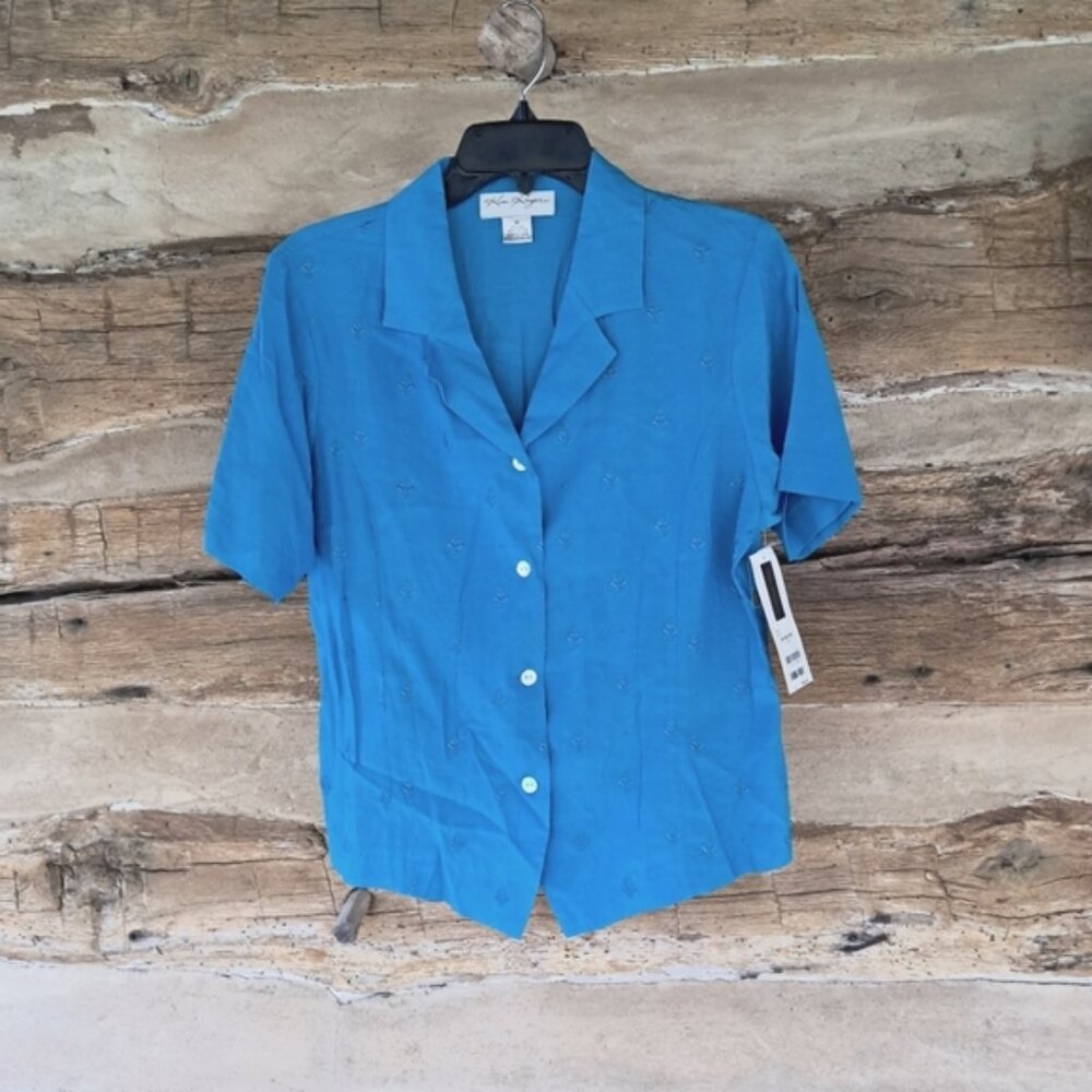 Kim Rogers Turquoise Short Sleeved Silk & Cotton Embroidered Blouse Size Medium